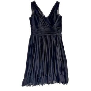 Suzy Shire Pleated Surplice Black Midi Fit Flare Dress Tiered Ruffle Sheer 8